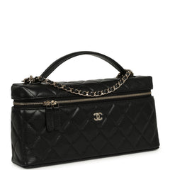 Chanel East West Top Handle Long Vanity Case with Chain Black Caviar Light Gold Hardware