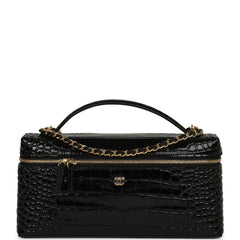 Chanel Large East West Top Handle Long Vanity Case with Chain Black Embossed Croc Calfskin Gold Hardware
