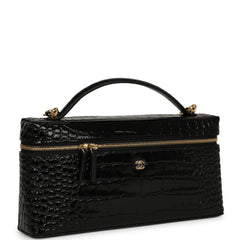 Chanel Large East West Top Handle Long Vanity Case with Chain Black Embossed Croc Calfskin Gold Hardware