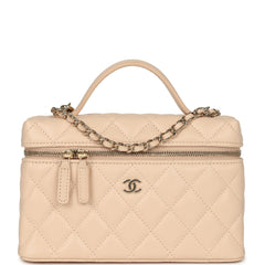 Chanel Top Handle Long Vanity Case with Chain Beige Shiny Caviar Light Gold Hardware