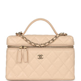 Chanel Top Handle Long Vanity Case with Chain Beige Shiny Caviar Light Gold Hardware - Thumbnail View 1