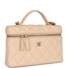 Chanel Top Handle Long Vanity Case with Chain Beige Shiny Caviar Light Gold Hardware