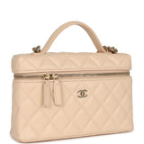 Chanel Top Handle Long Vanity Case with Chain Beige Shiny Caviar Light Gold Hardware - Thumbnail View 2