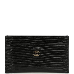 Chanel CC Card Holder Wallet Black Lizard Embossed Calfskin Gold Hardware