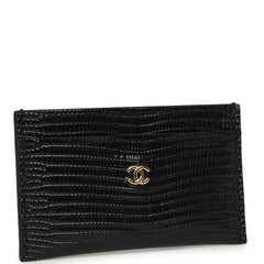 Chanel CC Card Holder Wallet Black Lizard Embossed Calfskin Gold Hardware