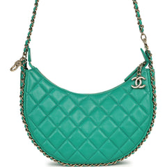 Pre-owned Chanel Small Chain Around Hobo Bag Teal Lambskin Light Gold Hardware