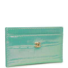 Chanel CC Card Holder Wallet Turquoise Iridescent Croc Embossed Calfskin Gold Hardware