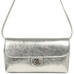 Chanel Clutch Bag with Leather Strap Silver Metallic Calfskin Gold Hardware