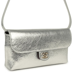 Chanel Clutch Bag with Leather Strap Silver Metallic Calfskin Gold Hardware