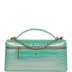 Chanel Large East West Top Handle Long Vanity Case with Chain Turquoise Iridescent Embossed Croc Calfskin Gold Hardware