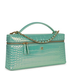 Chanel Large East West Top Handle Long Vanity Case with Chain Turquoise Iridescent Embossed Croc Calfskin Gold Hardware
