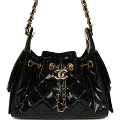 Chanel Mini 25 Hobo Bag Black Patent Lambskin Gold Hardware