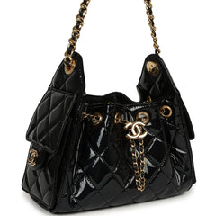 Chanel Mini 25 Hobo Bag Black Patent Lambskin Gold Hardware