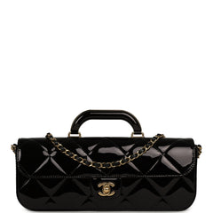 Chanel Large Top Handle Long Flap Bag with Chain Black Mirror Calfskin Gold Hardware