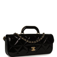 Chanel Large Top Handle Long Flap Bag with Chain Black Mirror Calfskin Gold Hardware