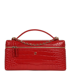 Chanel Large East West Top Handle Long Vanity Case with Chain Dark Red Croc Embossed Calfskin Gold Hardware