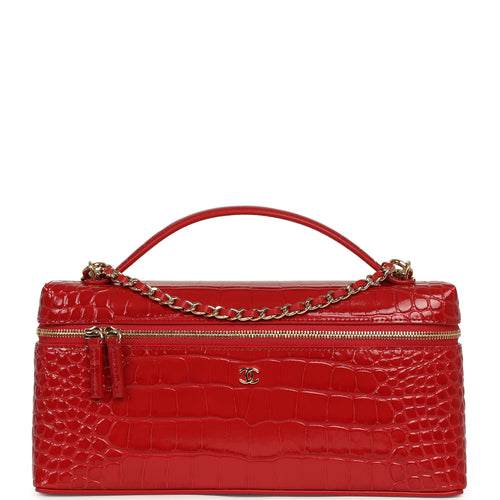 Chanel Large East West Top Handle Long Vanity Case with Chain Dark Red Croc Embossed Calfskin Gold Hardware