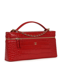 Chanel Large East West Top Handle Long Vanity Case with Chain Dark Red Croc Embossed Calfskin Gold Hardware