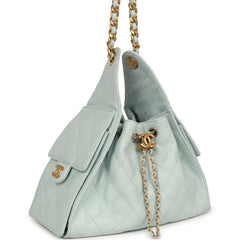 Pre-owned Chanel Small 25 Hobo Bag Light Blue Caviar Antique Gold Hardware