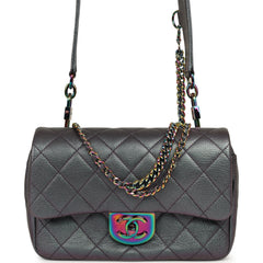 Pre-owned Chanel Small Double Carry Waist Chain Flap Bag Purple Iridescent Goatskin Rainbow Hardware