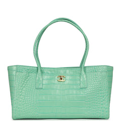 Chanel Small Cerf Shopping Bag Teal Croc Embossed Calfskin Gold Hardware