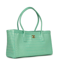 Chanel Small Cerf Shopping Bag Teal Croc Embossed Calfskin Gold Hardware