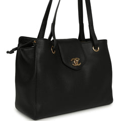 Chanel Small Shopping Tote Black Grained Calfskin Gold Hardware