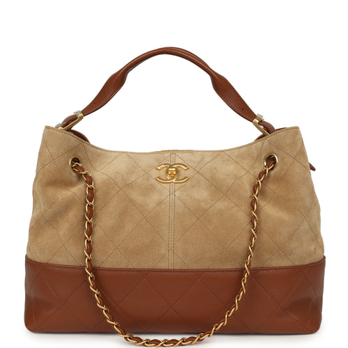 Chanel Small Coco Base Hobo Bag Beige Suede, Camel Lambskin Brushed Gold Hardware