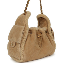 Chanel Small 25 Hobo Bag Beige Suede, Shearling Gold Hardware