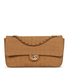 Chanel Maxi "Souplissimo" Small Flap Bag Camel Croc Embossed Suede Gold Hardware