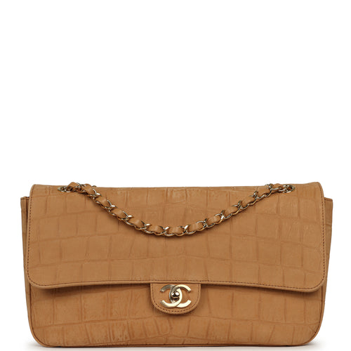 Chanel Maxi "Souplissimo" Small Flap Bag Camel Croc Embossed Suede Gold Hardware