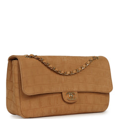 Chanel Maxi "Souplissimo" Small Flap Bag Camel Croc Embossed Suede Gold Hardware