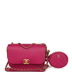 Chanel Mini Flap Bag with Round Coin Pouch Fuchsia Calfskin Antique Gold Hardware