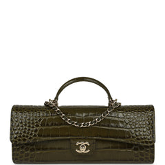 Chanel Long Top Handle Clutch with Chain Khaki Croc Embossed Calfskin Gold Hardware