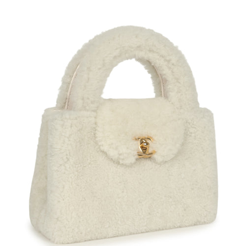 Chanel Small Kelly Shopper White Shearling Gold Hardware