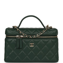 Chanel Top Handle Long Vanity Case with Chain Dark Green Caviar Light Gold Hardware