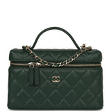 Chanel Top Handle Long Vanity Case with Chain Dark Green Caviar Light Gold Hardware - Thumbnail View 1