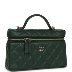 Chanel Top Handle Long Vanity Case with Chain Dark Green Caviar Light Gold Hardware