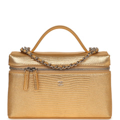 Chanel Top Handle Long Vanity Case with Chain Gold Metallic Lizard Embossed Calfskin Silver Hardware