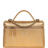 Chanel Top Handle Long Vanity Case with Chain Gold Metallic Lizard Embossed Calfskin Silver Hardware - Thumbnail View 1