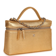 Chanel Top Handle Long Vanity Case with Chain Gold Metallic Lizard Embossed Calfskin Silver Hardware
