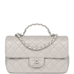 Chanel Small Flap Bag with Top Handle Light Grey Lambskin Lacquered Metal Hardware