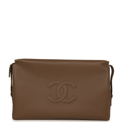 Chanel Large Zipped Pouch Dark Khaki Grained Calfskin Gold Hardware