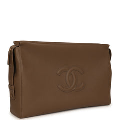 Chanel Large Zipped Pouch Dark Khaki Grained Calfskin Gold Hardware