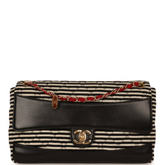 Pre-owned Chanel Jumbo Coco Sailor Flap Bag Navy Blue, Lambskin, White, Navy Blue Jersey Gold Hardware