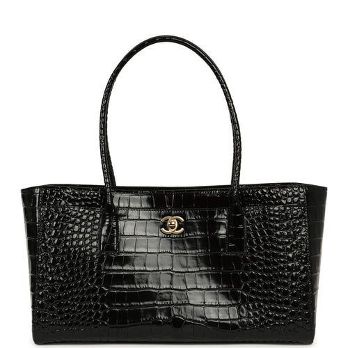 Chanel Small Cerf Shopping Bag Black Croc Embossed Calfskin Gold Hardware