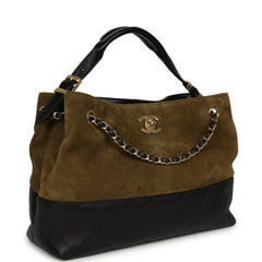 Chanel Small Coco Base Hobo Bag Khaki Suede, Black Lambskin Gold Hardware