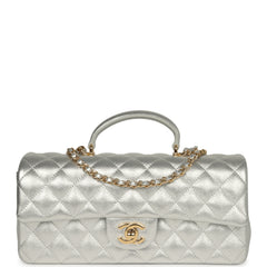 Chanel Classic Top Handle Long Flap Bag Silver Metallic Caviar Gold Hardware