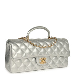 Chanel Classic Top Handle Long Flap Bag Silver Metallic Caviar Gold Hardware