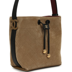 Chanel Small "CC Loop" Drawstring Bucket Bag with Leather Strap Dark Beige Suede, Black Leather Gold Hardware